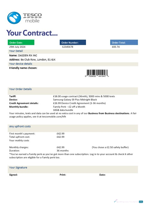United Kingdom Tesco Mobile business utility bill template in Word and PDF formats
